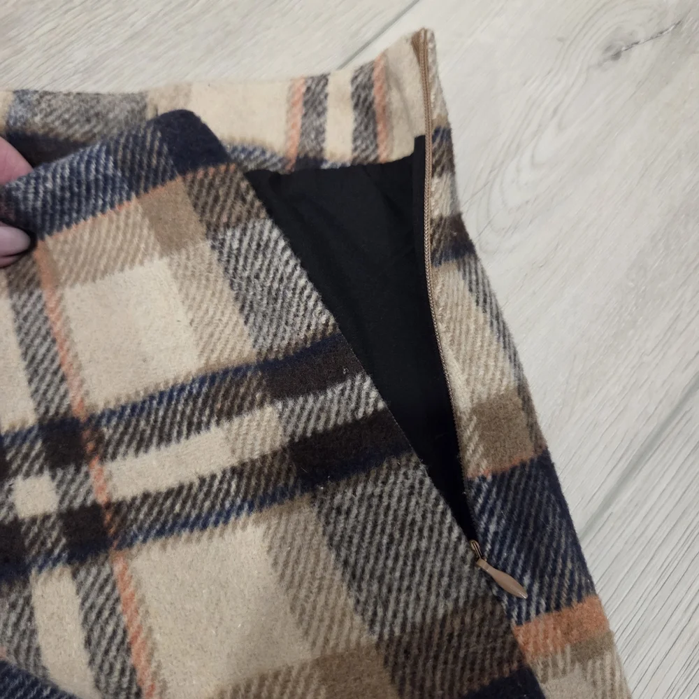 Plaid Wool Blend Skirt - Navy and Tan - Picture 3 of 5